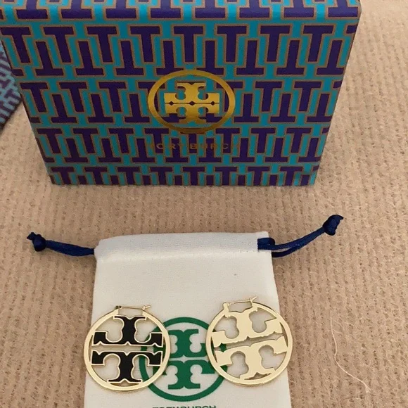 Tory Burch Gold-Tone Miller Logo Hoop Earrings - Picture 5 of 5